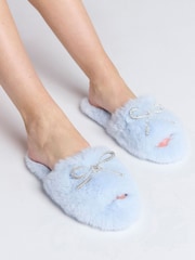 Boux Avenue Blue Cosy Bow Embellished Powder Slider Slippers - Image 1 of 6
