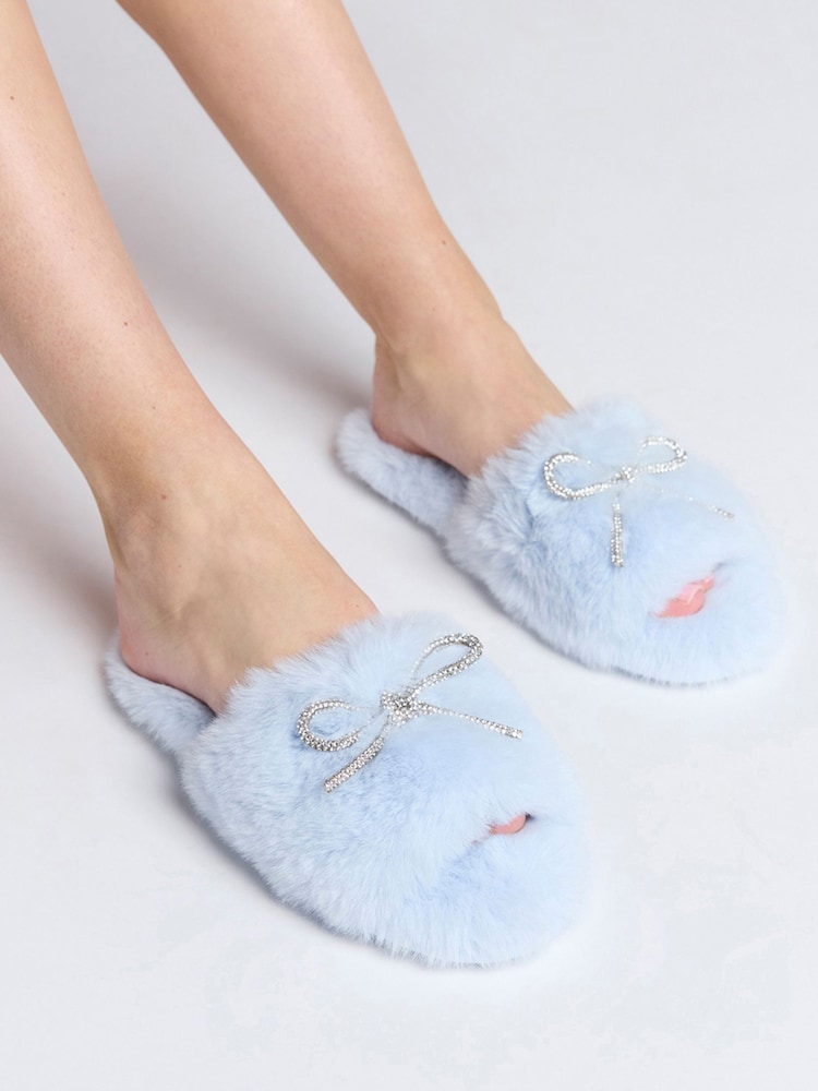 Boux Avenue Blue Cosy Bow Embellished Powder Slider Slippers - Image 1 of 6