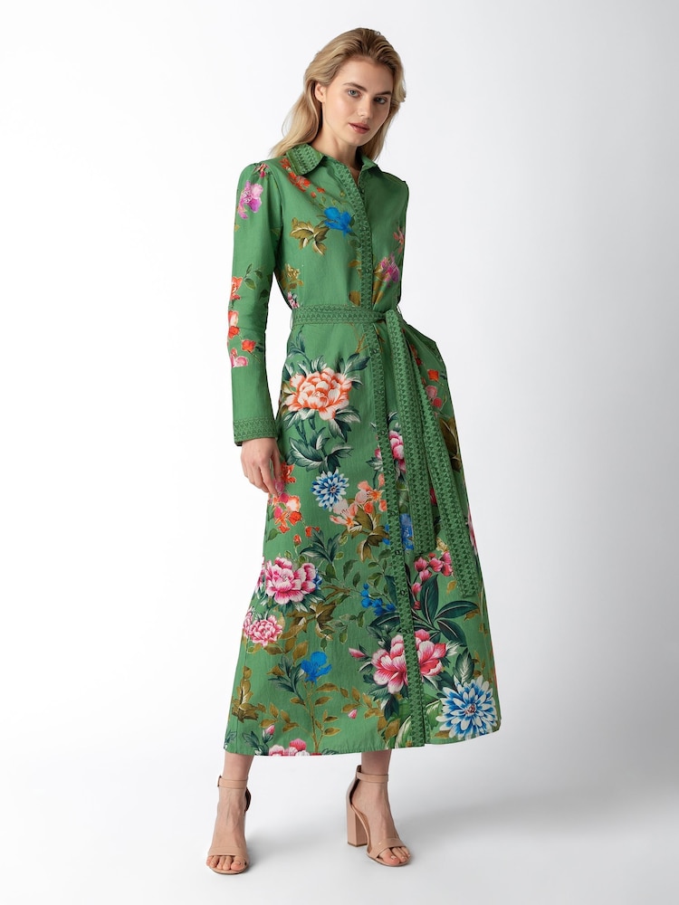 Raishma Green Olea Floral Pattern Tie Waist High Neck Dress - Image 1 of 3