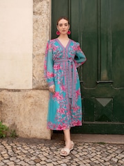 Raishma Blue Naomi V-Neck Tie Belt Long Sleeved a Line Floral Print Dress - Image 1 of 4