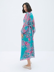 Raishma Blue Naomi V-Neck Tie Belt Long Sleeved a Line Floral Print Dress - Image 2 of 4
