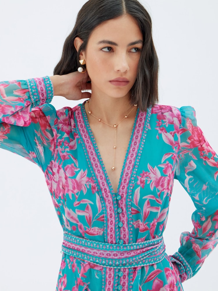 Raishma Blue Naomi V-Neck Tie Belt Long Sleeved a Line Floral Print Dress - Image 3 of 4