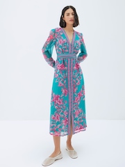 Raishma Blue Naomi V-Neck Tie Belt Long Sleeved a Line Floral Print Dress - Image 4 of 4
