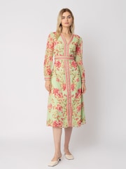 Raishma Green Naomi V-Neck Tie Belt Long Sleeved a Line Floral Print Dress - Image 1 of 3