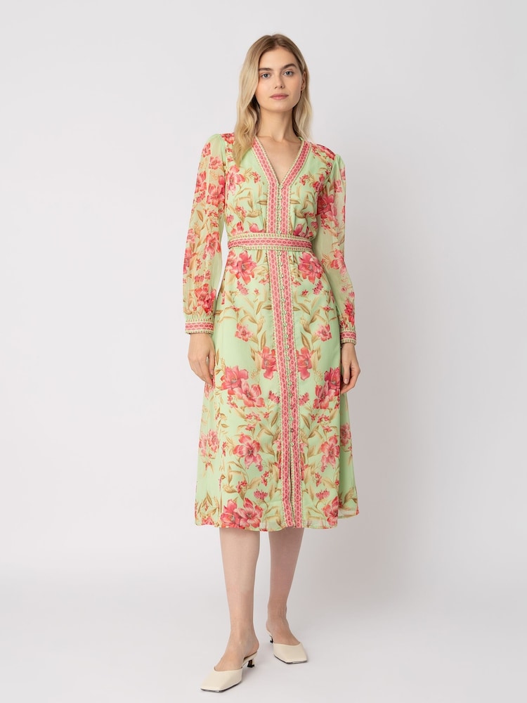 Raishma Green Naomi V-Neck Tie Belt Long Sleeved a Line Floral Print Dress - Image 1 of 3