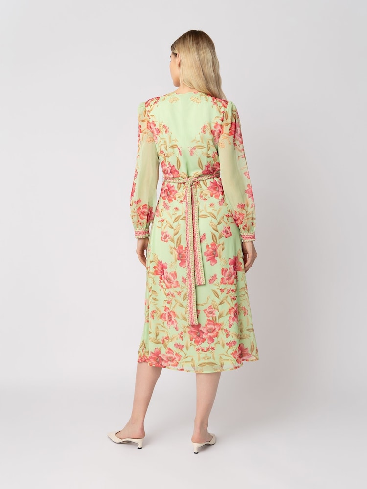 Raishma Green Naomi V-Neck Tie Belt Long Sleeved a Line Floral Print Dress - Image 2 of 3