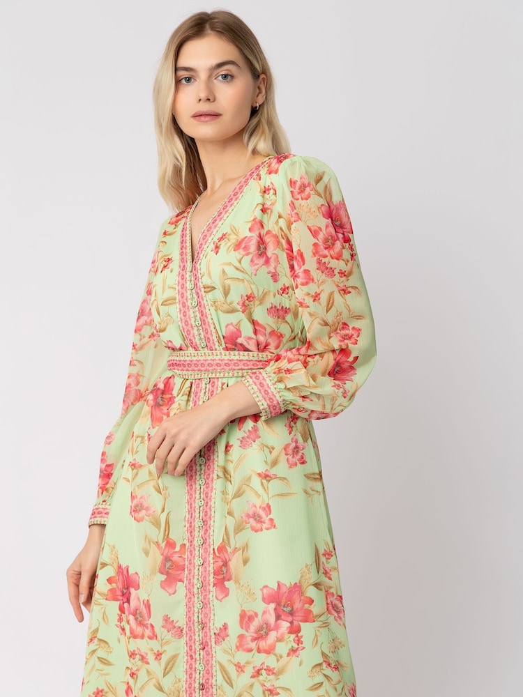 Raishma Green Naomi V-Neck Tie Belt Long Sleeved a Line Floral Print Dress - Image 3 of 3