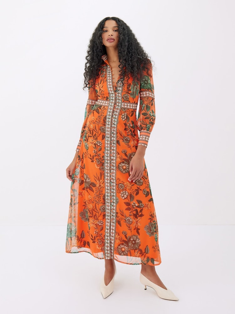 Raishma Orange Aspen High Neck Long Sleeve Classic Fit Floral Dress - Image 1 of 3