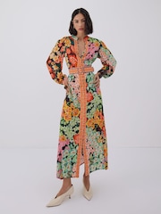Raishma Black Amara V-Neck Belted Long Sleeved a Line Floral Crepe Dress - Image 1 of 3