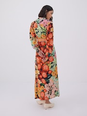 Raishma Black Amara V-Neck Belted Long Sleeved a Line Floral Crepe Dress - Image 2 of 3