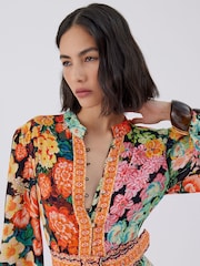 Raishma Black Amara V-Neck Belted Long Sleeved a Line Floral Crepe Dress - Image 3 of 3