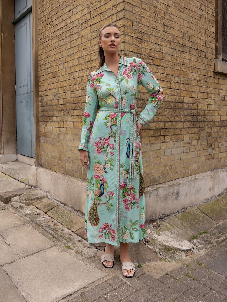Raishma Green Enola High Neck Buttoned Long Sleeved a Line Floral Dress - Image 1 of 3