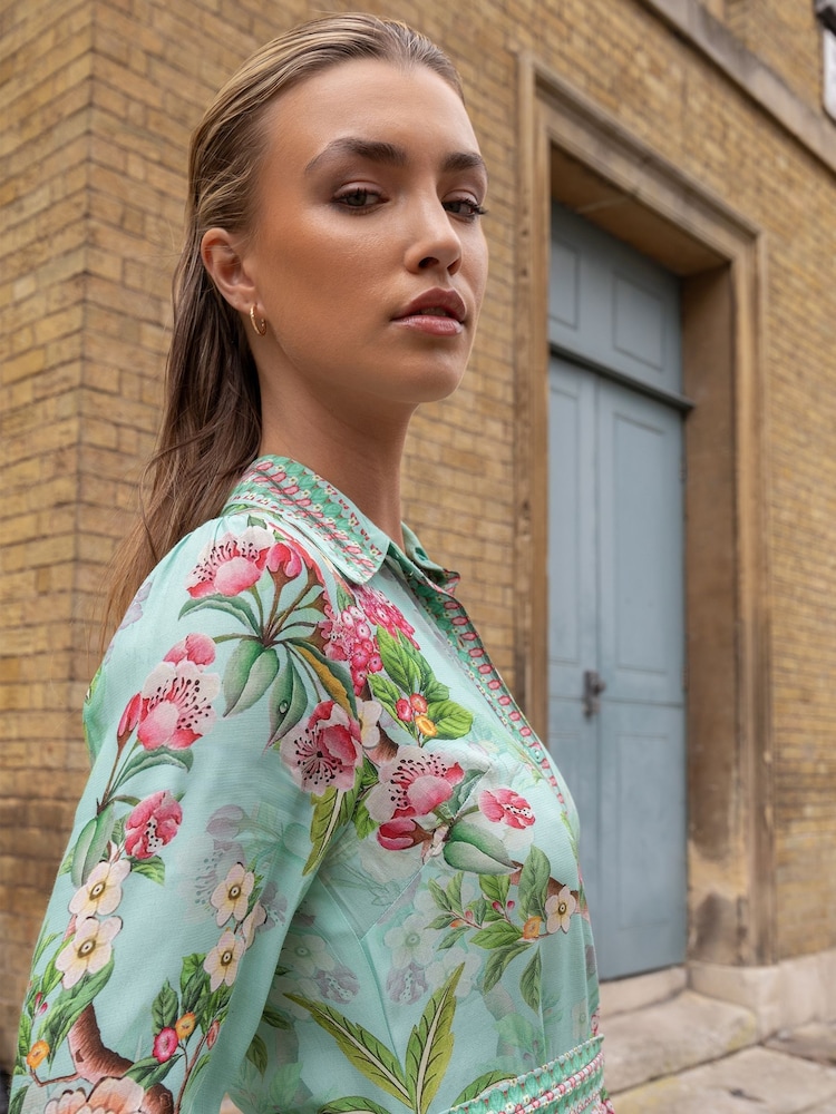 Raishma Green Enola High Neck Buttoned Long Sleeved a Line Floral Dress - Image 2 of 3