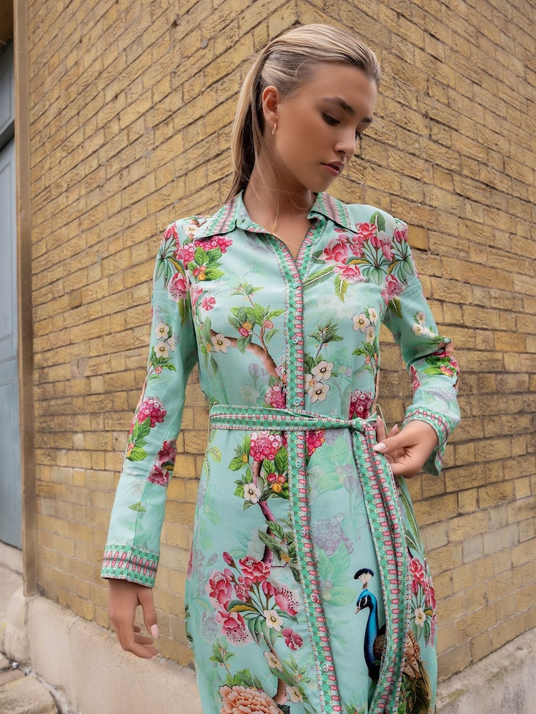 Raishma Green Enola High Neck Buttoned Long Sleeved a Line Floral Dress - Image 3 of 3