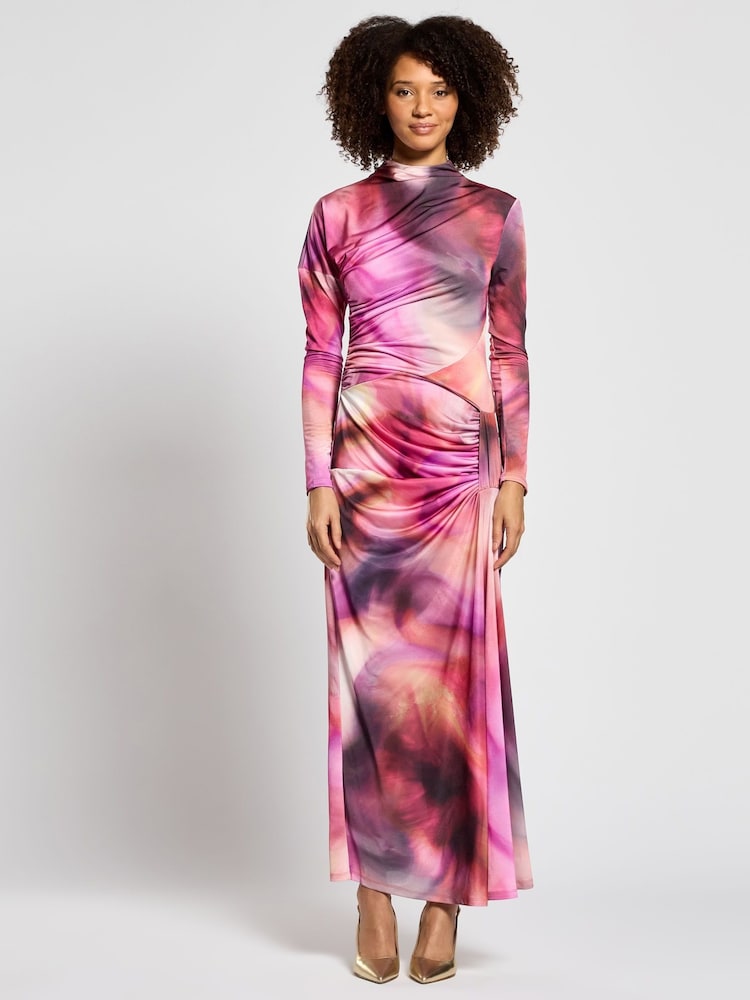 Daska Pink Leo Maxi Dress With Long Sleeves And Side Ruched Detail - Image 1 of 4