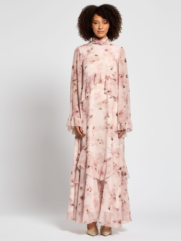 Daska Pink Amy Maxi Dress With Long Sleeves And Ruffle Detail On Waist - Image 1 of 4