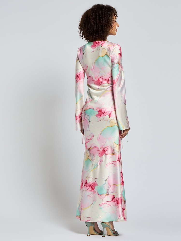 Daska Pink Sali Maxi Dress With Long Sleeves And Neck Tie Details - Image 2 of 4