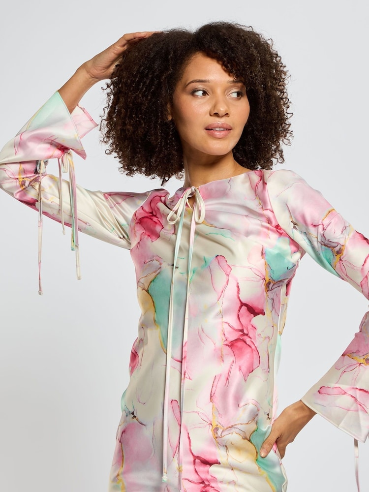 Daska Pink Sali Maxi Dress With Long Sleeves And Neck Tie Details - Image 3 of 4