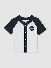 Off White/marineblauw - Reiss Nori Cotton Waffle-Knit Badge Shirt - Image 1 of 4
