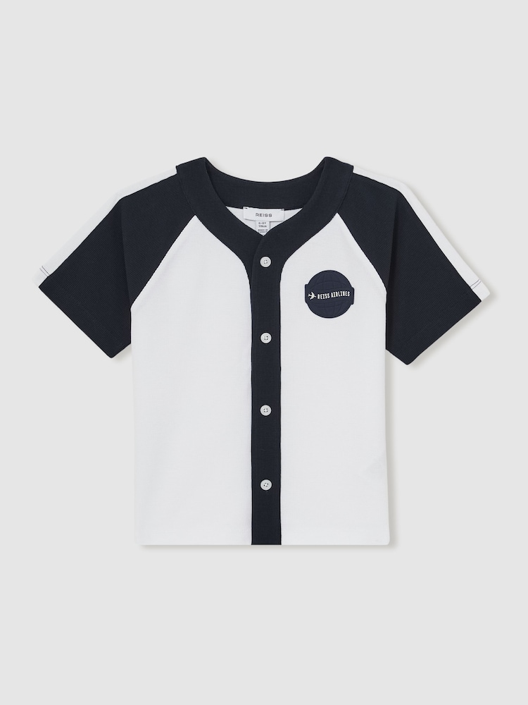 Off White/marineblauw - Reiss Nori Cotton Waffle-Knit Badge Shirt - Image 1 of 4