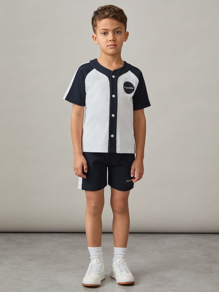 Off White/marineblauw - Reiss Nori Cotton Waffle-Knit Badge Shirt - Image 2 of 4