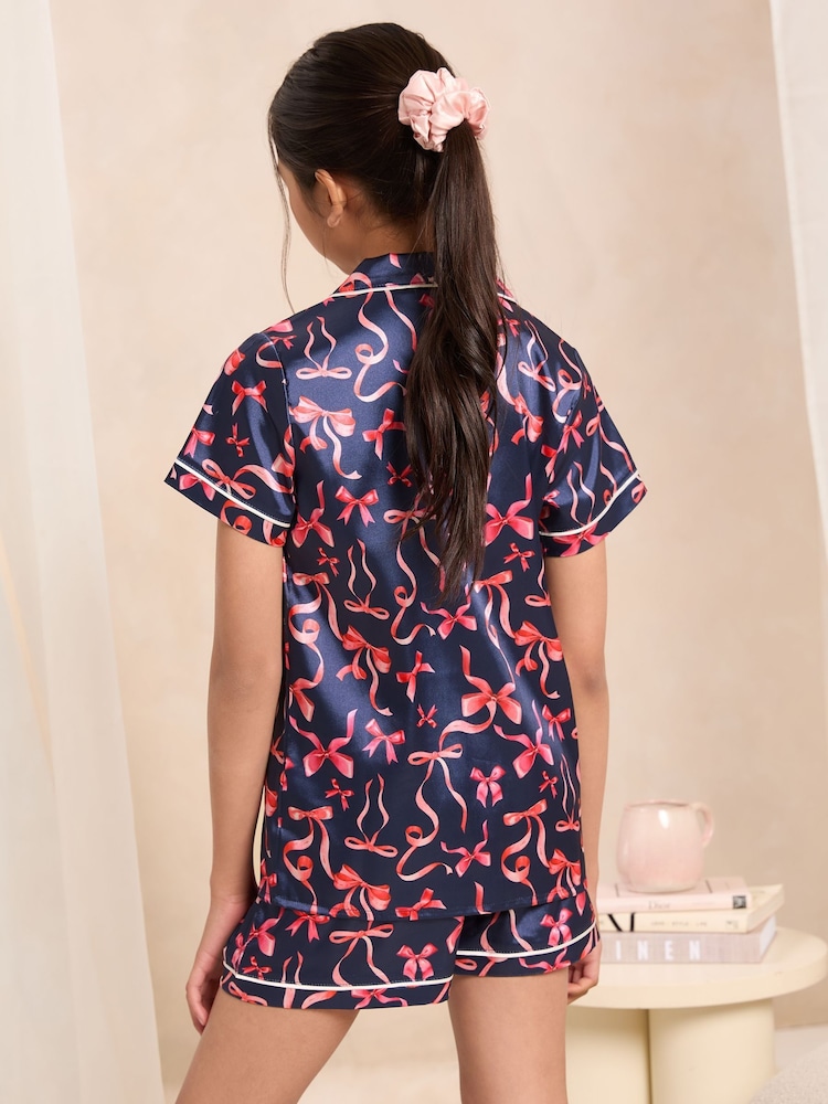 Lipsy Navy Bow Satin Pyjamas (5-16yrs) - Image 1 of 4