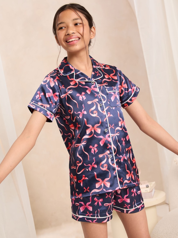 Lipsy Navy Bow Satin Pyjamas (5-16yrs) - Image 2 of 4