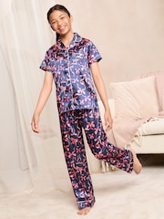 Lipsy Navy Blue Bow Satin Shirt And Long Leg Pyjamas Set (5-16yrs) - Image 1 of 4