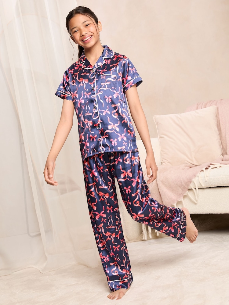 Lipsy Navy Blue Bow Satin Shirt And Long Leg Pyjamas Set (5-16yrs) - Image 1 of 4