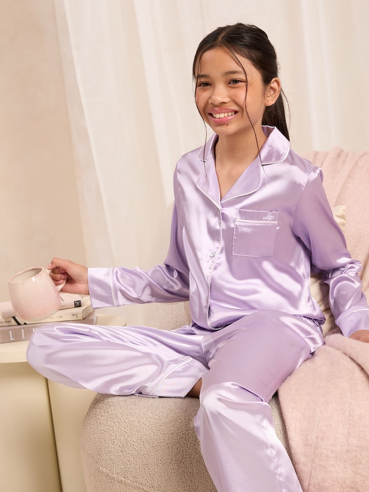 Lipsy Lilac Purple Long Sleeve Long Leg Satin Set (5-16yrs) - Image 1 of 4 Lipsy Lilac Purple Long Sleeve Long Leg Satin Set (5-16yrs) - Image 1 of 4