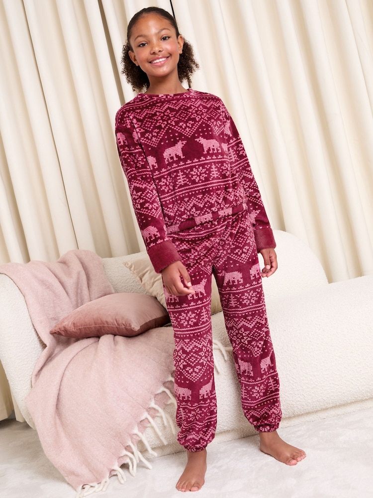 Lipsy Burgundy Red Polar Bear Christmas Soft Touch Fairisle Twosie Pyjamas (5-16yrs) - Image 1 of 4 Lipsy Burgundy Red Polar Bear Christmas Soft Touch Fairisle Twosie Pyjamas (5-16yrs) - Image 1 of 4