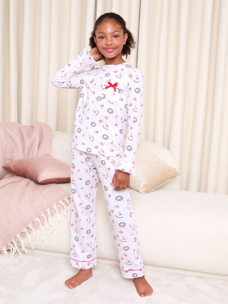 Lipsy Cream Garland Christmas Jersey Pyjamas Set (5-16yrs) - Image 1 of 4 Lipsy Cream Garland Christmas Jersey Pyjamas Set (5-16yrs) - Image 1 of 4