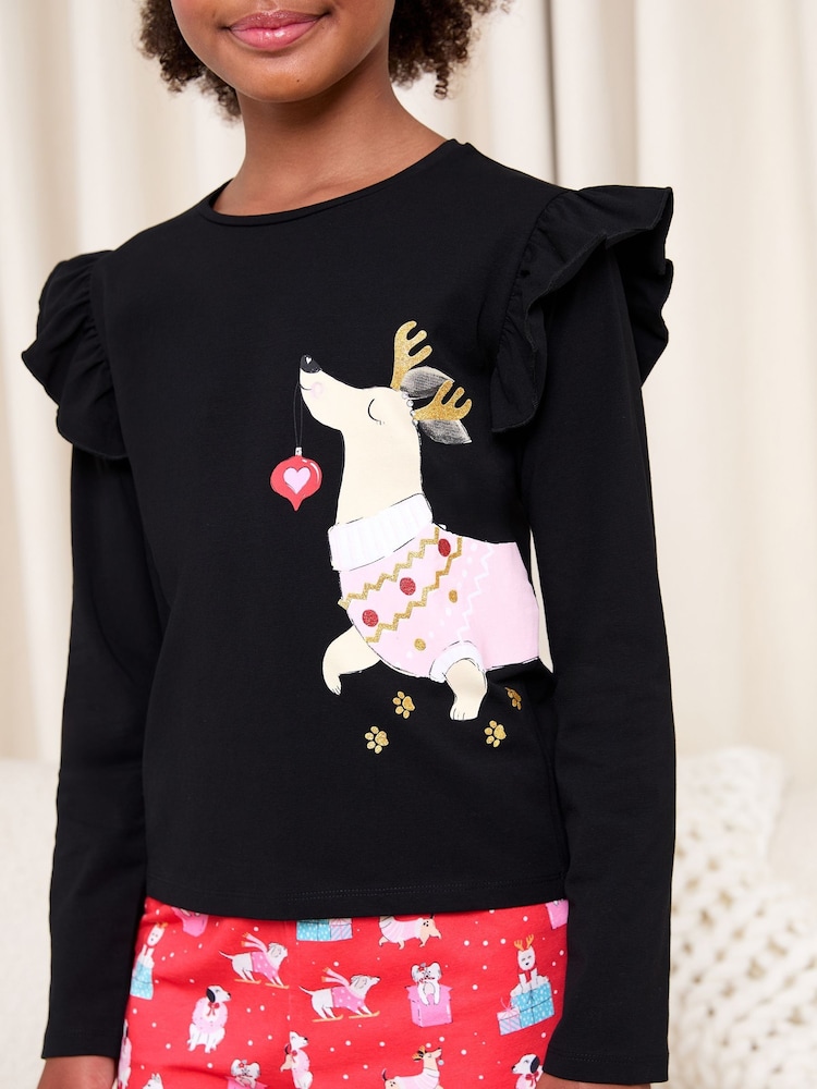 Lipsy Black/Red Dachshund Christmas Jersey Pyjamas Set (5-16yrs) - Image 2 of 4