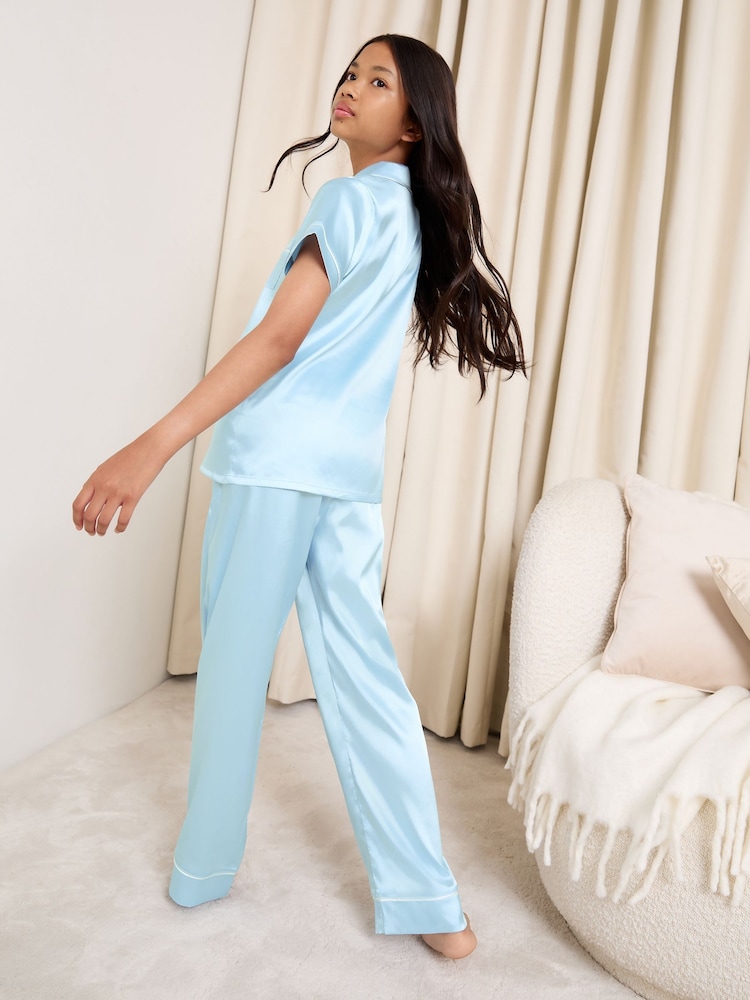 Lipsy Blue Satin Shirt And Long Leg Pyjamas Set - Image 4 of 4 Lipsy Blue Satin Shirt And Long Leg Pyjamas Set - Image 4 of 4
