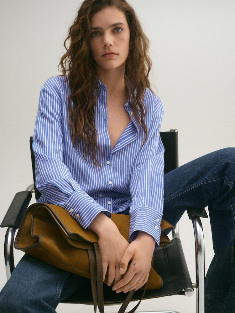 Mango Blue Striped Straight Shirt - Image 1 of 5 Mango Blue Striped Straight Shirt - Image 1 of 5