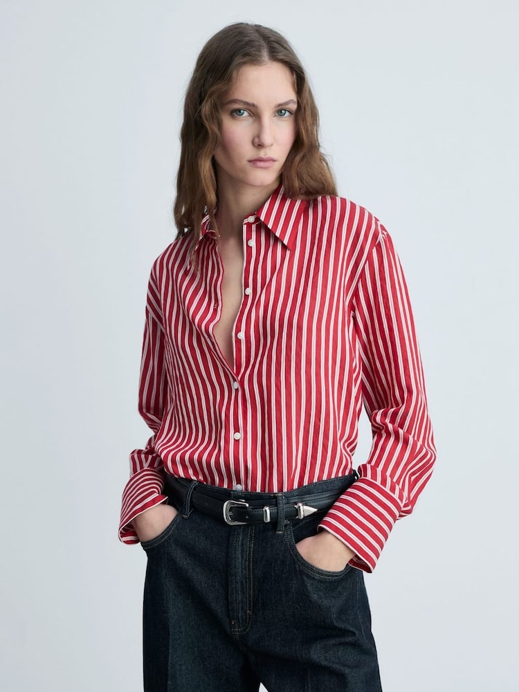 Mango Red Striped Straight Shirt - Image 1 of 6 Mango Red Striped Straight Shirt - Image 1 of 6