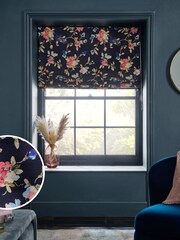 Navy Blue Ready Made Blackout/Thermal Floral Velvet Roman Blind - Image 1 of 8
