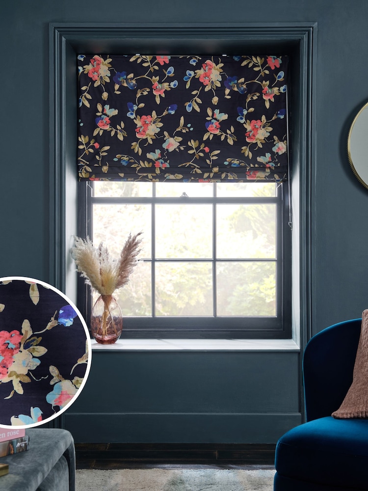 Navy Blue Ready Made Blackout/Thermal Floral Velvet Roman Blind - Image 1 of 8