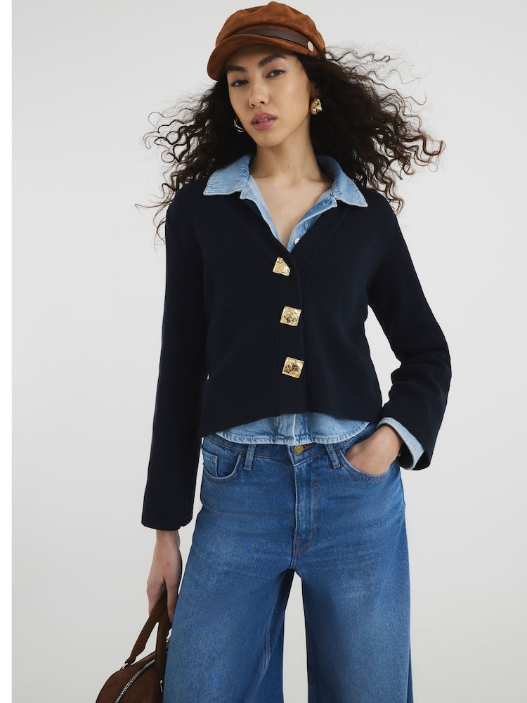 River Island Blue Asymmetric Tipped Cardigan - Image 1 of 6