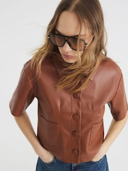 River Island Brown Faux Leather Short Sleeve Shirt - Image 1 of 5