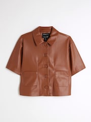 River Island Brown Faux Leather Short Sleeve Shirt - Image 4 of 5