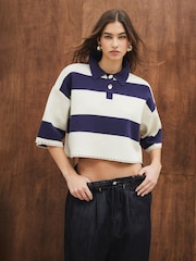 River Island Blue Boxy Crop Stripe Polo Shirt - Image 1 of 5