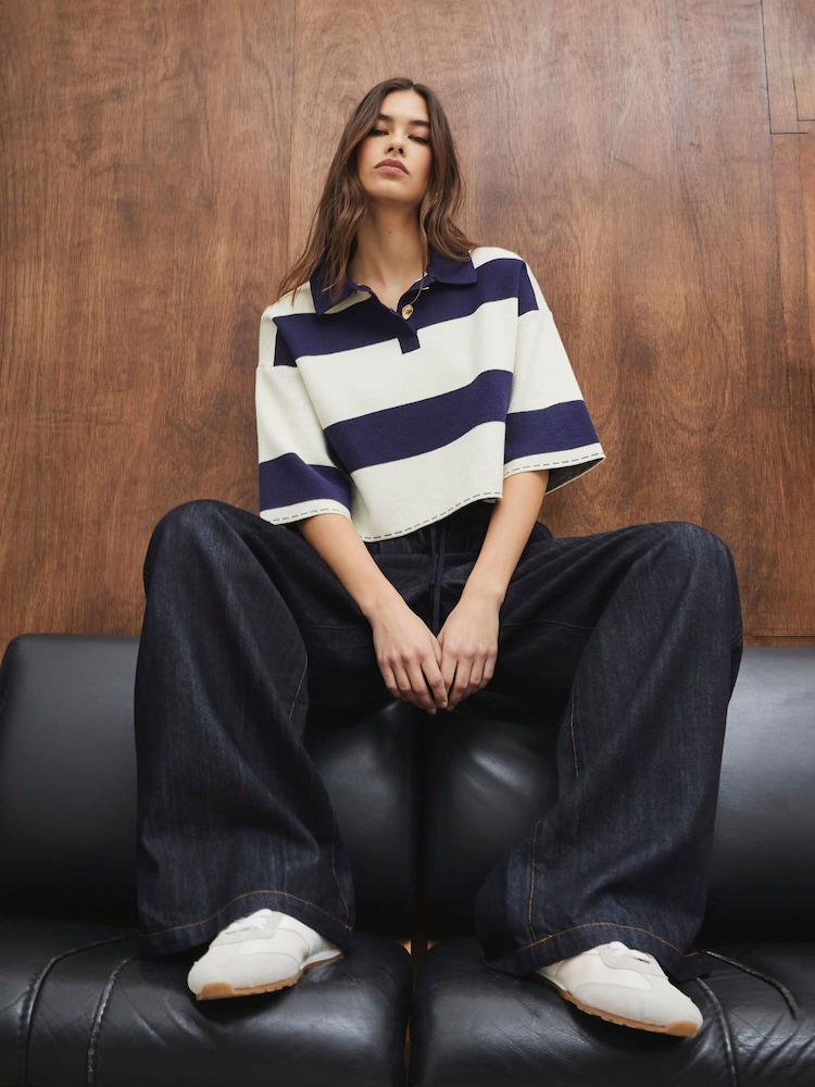 River Island Blue Boxy Crop Stripe Polo Shirt - Image 4 of 5