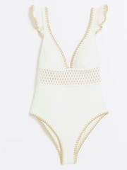 River Island White Plunge Cutwork Swimsuit - Image 5 of 6