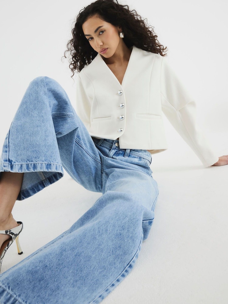 River Island Cream Collarless Button Up Jacket - Image 2 of 5