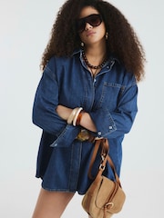River Island Blue Denim Cuff 100% Cotton Shirt Dress - Image 1 of 6