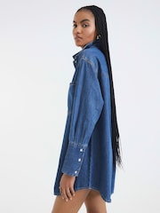 River Island Blue Denim Cuff 100% Cotton Shirt Dress - Image 4 of 6