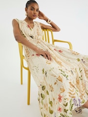 River Island Cream Floral Shirred Midi Dress - Image 1 of 6