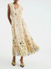 River Island Cream Floral Shirred Midi Dress - Image 3 of 6