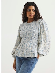 River Island Blue Petite Shirred Bodice 100% Cotton Top - Image 1 of 5